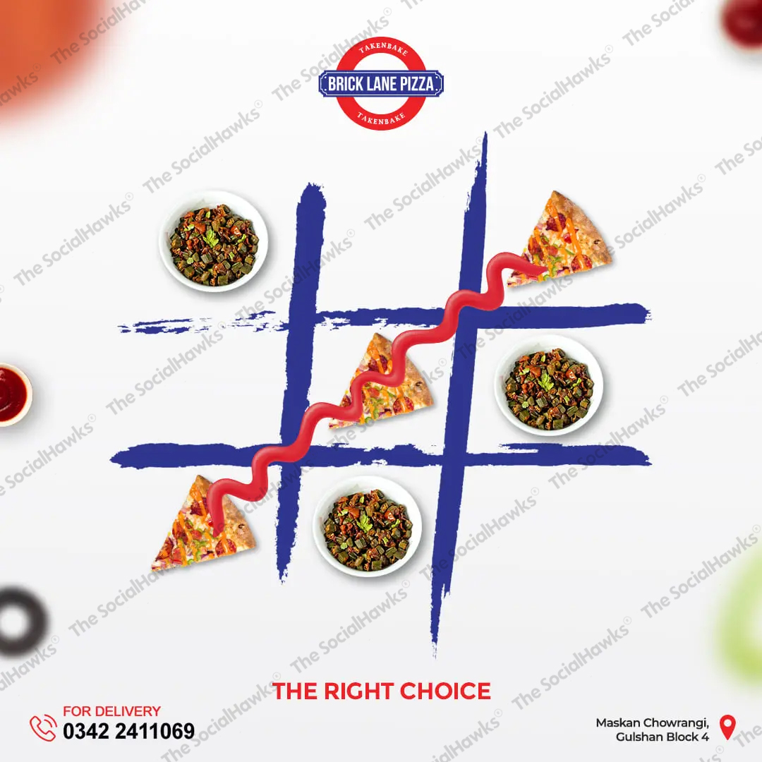 Brick Lane Pizza tic-tac-toe game creative with pizza slices and biryani bowls